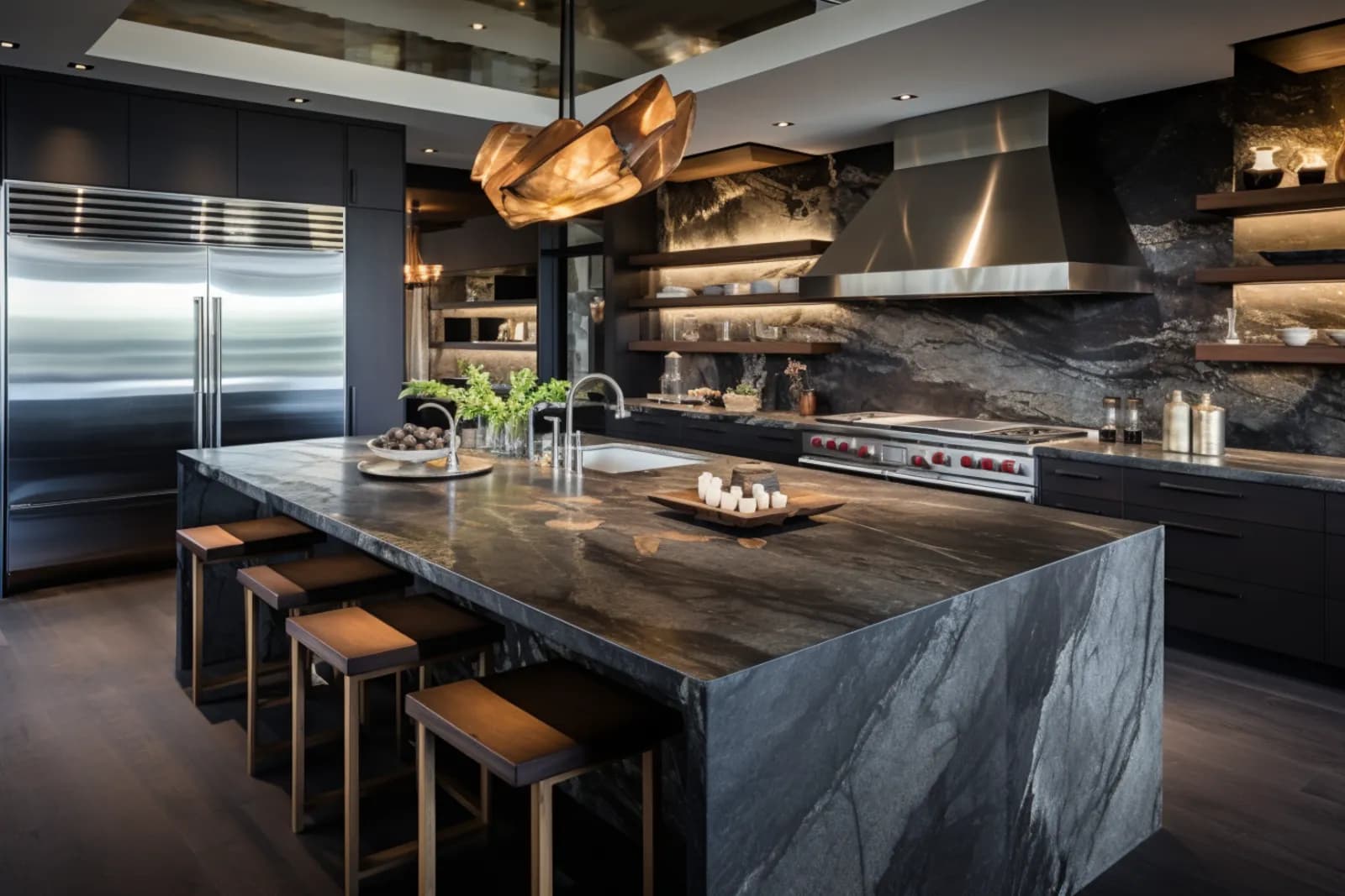 A dark premium kitchen showroom with integrated appliances
