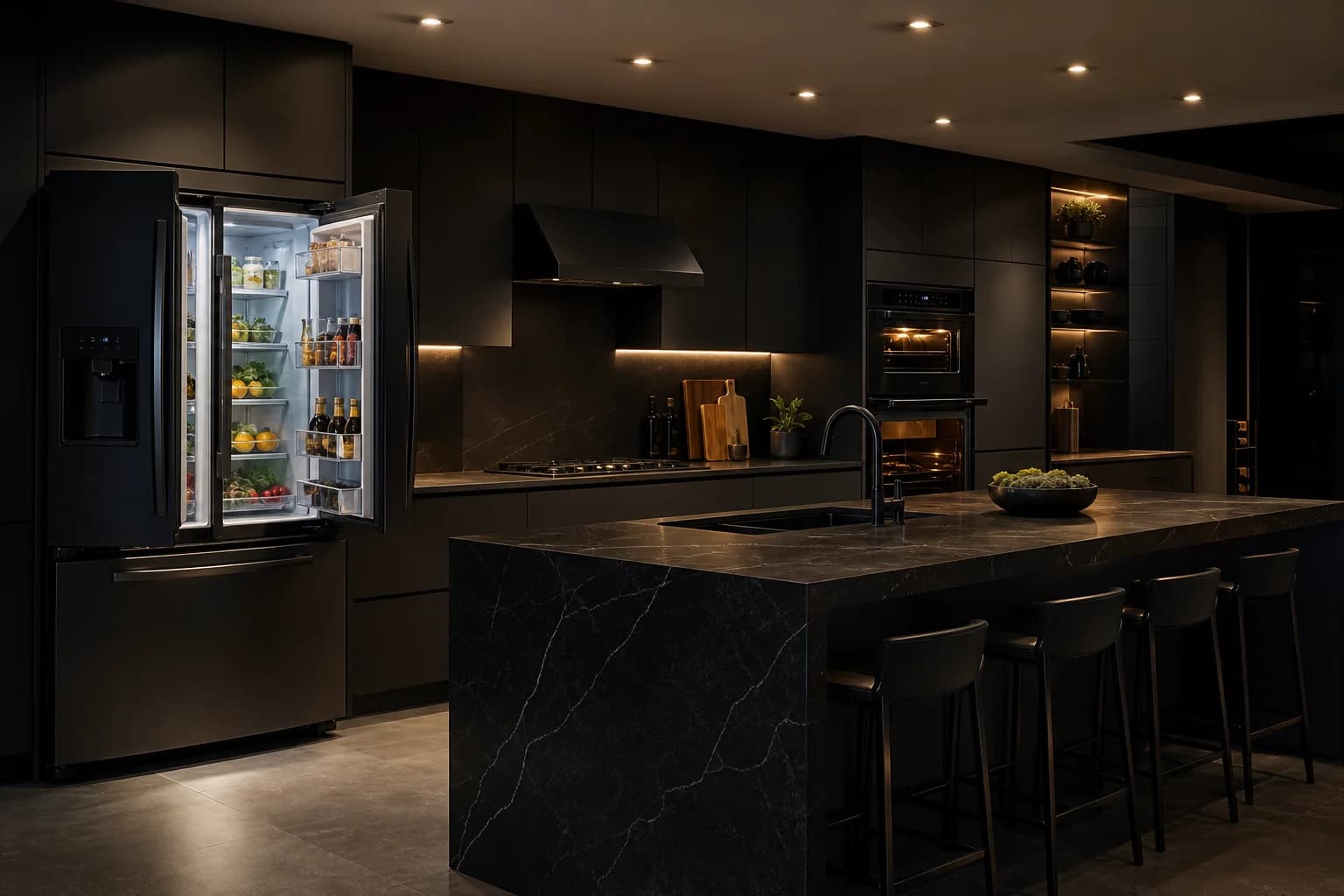 Nighttime kitchen with open fridge and wall oven, black cabinetry