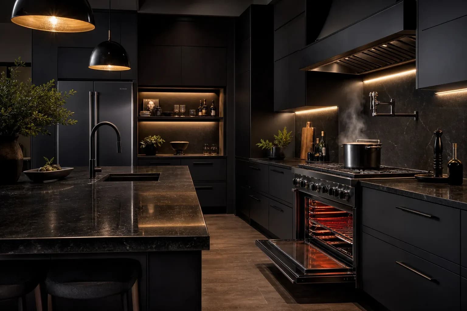 Nighttime kitchen with open oven glowing, black cabinetry, black stainless appliances, pendant lighting